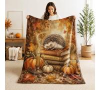 Hedgehog Throw Blanket, Autumn Fanciful Pumpkins Candle Fall Warm Orange Flannel Blanket Soft Lightweight Decorative for Couch Sofa Bed Dorm Chair Car Recliner 40x60 Inch