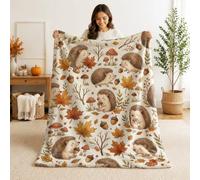 Hedgehog Throw Blanket, Fall Fanciful Leaf Mushroom Fall Brown Fleece Blankets Soft Cozy Decorative for Couch Sofa Bed Office Desk Living Room 40x60 Inch