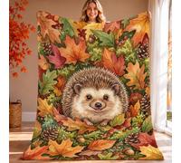 Hedgehog Throw Blanket, Fall Rustic Leaves Pinecones Fall Orange Fleece Blankets Soft Cozy Decorative for Couch Sofa Bed Lap Office Chair Desk 60x80 Inch