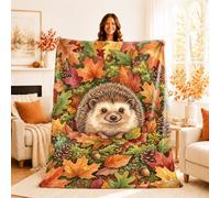 Hedgehog Throw Blanket, Fall Rustic Leaves Pinecones Fall Orange Fuzzy Blanket Compact Decorative Aesthetic for Couch Sofa Bed Chair Office Lap 50x60 Inch