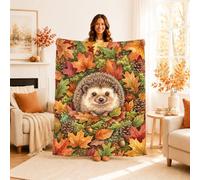 Hedgehog Throw Blanket, Fall Rustic Leaves Pinecones Fall Orange Plush Blanket Lightweight Compact Aesthetic for Couch Sofa Bed Office Chair Recliner 40x50 Inch