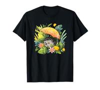 Hedgehog Under Umbrella in Rainy Garden Art T-Shirt