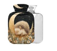 Hedgehog Yellow Moon Print Hot Water Bottle with Cover 2L Large Warm Water Bag for Pain Relief Back Pain Hot Cold Therapy
