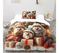 Hedgehogs Christmas Bedding Set 3D Digital Printing Animal Themes Wildlife Duvet Cover Set Chic Breathable Quilt Cover for Boys & Girls with Pillow Single(135x200cm)