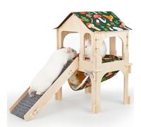 Hedgeink 2-Story Wooden Guinea Pig House with Climbing Ramp & Hanging Hammock, Double-Decker Hideout House with Soft Mats, Vertical Playground & Sleeping Hut for Small Animals, Chinchillas, Rats
