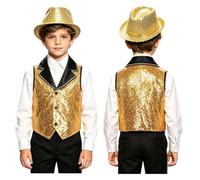 Hedmy Boys Sequin Vest Hat Set for Dance Party Celebration Headwear Sleeveless Apparel Asymmetrical Hem Top Gold 5-6 Years