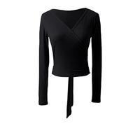 Hedmy Dance Long Sleeve Wrap Top - Classical Ballet Crop Top for Women, Yoga Pilates Blouse Shirt, Black L