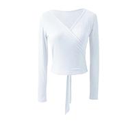 Hedmy Dance Long Sleeve Wrap Top - Classical Ballet Crop Top for Women, Yoga Pilates Blouse Shirt - Ivory L