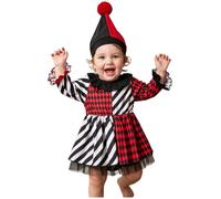 Hedmy Infant Circus Fancy Dress Long Sleeve Bodysuit Black 6-9 Months | 2-piece Circus Clown Outfit,Ruffled Collar,Funny Halloween Outfit,Checker Stripe Jumpsuit Dress,Pom Pom Jester Romper