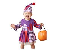 Hedmy Infant Circus Fancy Dress Long Sleeve Bodysuit Purple 6-9 Months | 2-piece Circus Clown Outfit,Ruffled Collar,Funny Halloween Outfit,Checker Stripe Jumpsuit Dress,Pom Pom Jester Romper