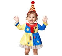 Hedmy Infant Circus Fancy Dress Long Sleeve Bodysuit Yellow 9-12 Months | 2-piece Circus Clown Outfit,Ruffled Collar,Funny Halloween Outfit,Checker Stripe Jumpsuit Dress,Pom Pom Jester Romper