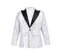 Hedmy Kids Boys Stylish Shiny Sequins Suit Blazer One Button Lapel Choir Performance Birthday Party Jacket Coat Silver 15-16 Years