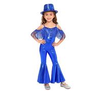Hedmy Kids Girls 70s Hippie Dance Costume Spaghetti Straps Metallic Bell Bottom Jumpsuit Hip Hop Bodysuit with Hat Set Royal Blue 15-16 Years