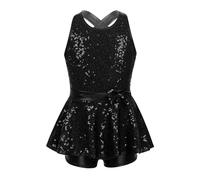 Hedmy Kids Girls Jazz Latin Modern Tap Ballet Dance Leotard Shiny Sequins Cutout Back Dancing Costume Black 14 Years