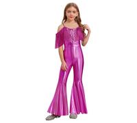 Hedmy Kids Girls Metallic Disco Funky Dance Costume Jumpsuit Spaghetti Straps Full Length Unitard 70s Hippie Dress Up Hot Pink 9-10 Years