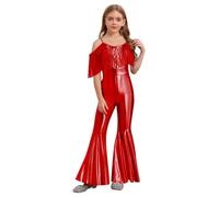 Hedmy Kids Girls Metallic Disco Funky Dance Costume Jumpsuit Spaghetti Straps Full Length Unitard 70s Hippie Dress Up Red 7-8 Years