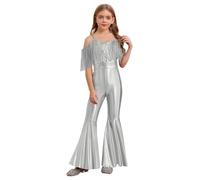 Hedmy Kids Girls Metallic Disco Funky Dance Costume Jumpsuit Spaghetti Straps Full Length Unitard 70s Hippie Dress Up Silver 9-10 Years