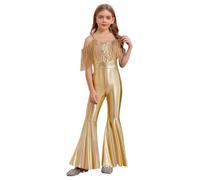 Hedmy Kids Girls Metallic Disco Funky Dance Costume Jumpsuit Spaghetti Straps Full Length Unitard 70s Hippie Dress Up Gold 11-12 Years