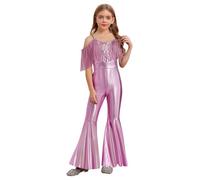 Hedmy Kids Girls Metallic Disco Funky Dance Costume Jumpsuit Spaghetti Straps Full Length Unitard 70s Hippie Dress Up Pink 9-10 Years