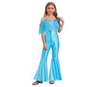 Hedmy Kids Girls Metallic Disco Funky Dance Costume Jumpsuit Spaghetti Straps Full Length Unitard 70s Hippie Dress Up Green 9-10 Years
