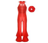 Hedmy Kids Girls Sequins Sleeveless Full Body Hippie Disco Dance Bodysuit Party Bell-Bottom Jumpsuit and Hair Band Set Red 5-6 Years