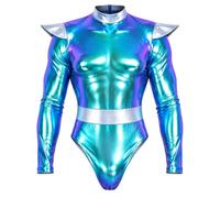 Hedmy Men Space Uniform Catsuit Rave Outfits Catsuit | Contrast Color,Dance Leotard,Long Sleeve,High Cut Thong Style Bodysuit,Zipper Dance Leotard,Bodycon Teddy,Shiny Metallic