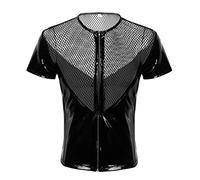 Hedmy Men's Patent Leather T-Shirt Fishnet Zipper Front Short Sleeve Pullover Muscle Top Club Stage Wear Black M