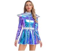 Hedmy Women Long Sleeve Robot Dress 70s 80s Rave Outfit Night Going Out Space Alien Costume Blue XL
