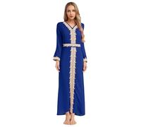 Hedmy Women Muslim Abaya Dress V Neck Long Sleeve Embroidery Party Maxi Dress with Waistband Dark Blue L