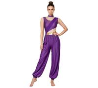Hedmy Women Role Playing Maid Outfit One Piece Romper | Shiny Sequin Overlay,Metallic Shiny Trim,High Neck Cutout Waist Jumpsuit,Loose Harem Pant Jumpsuit,for Rave Cabaret Party