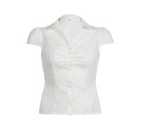 Hedmy Women Turn-Down Collar Blouse Shirt Short Sleeve Ruched Button-up Casual Office Shirt Top with Back Lace-up White M