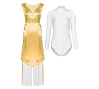 Hedmy Women's 3pcs Worship Praise Dance Costume Tunic with Basic Bodysuit Tops and Liturgical Pants Yellow XXL