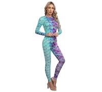 Hedmy Womens Adult Full Length Long Sleeve Bodysuit Mermaid Jumpsuit Fish Scale Leotard Unitard One Piece Swimsuit Type D M