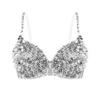 Hedmy Womens Lingerie Padded Bra Top Fashion Sparkle Sequins Bralette for Raves Dances Club Wear Belly Dancing Silver S