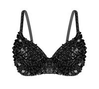 Hedmy Womens Lingerie Padded Bra Top Fashion Sparkle Sequins Bralette for Raves Dances Club Wear Belly Dancing Black S