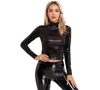 Hedmy Women's Shiny Metallic Shirt Long Sleeve Holographic Dance Shirts Mock Neck Tank Tops Disco Party Clubwear Tee Black L