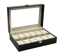 Hedume 12 Slot Leather Watch Box Display Case Organizer with Framed Glass Lid Elegant Contrast and Removable Pillow for Men and Women Watch and Jewelry Large Holder Boxes