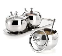 Hedume 3 Grids 304 Stainless Steel Seasoning Containers Set with Lid Spoon and Tray, Condiment Jar Spice Container, Condiment Canisters Pots for Serving Sugar, Pepper, Salt, Spice