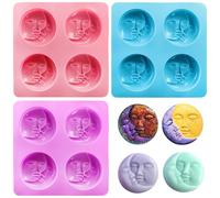 Hedume 3 Pack Sun & Moon Silicone Soap Molds, 4 Cavity Sun & Moon Face Soap Molds, Crescent Moon Face Silicone Soap Mold for Homemade Bath Bombs, Lotion Bar, Polymer Clay, DIY Resin Making