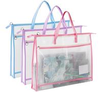 Hedume 3 Pcs A3 Project Bags, Clear Mesh Sewing Bag with Zipper, Handle & Pockets, Clear Mesh Design Art Supply Bag Artwork Storage Organize for Artworks, Charts and Teaching Material Multipurpose