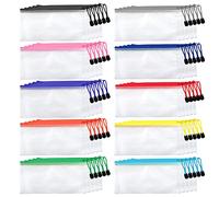 Hedume 50 Pack 10 Colors Zipper Mesh Pouch, A6 (9.1 x 4.7 inches) Zipper Pouch Waterproof Plastic Zip File Bags, for Bills, Cosmetics, Travel Storage and Office Supplies