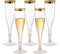 Hedume 50 Pack 6.5 Oz Disposable Plastic Champagne Flutes with Gold Glitter and Gold Rim, 2-Piece Disposable Champagne Glasses, Toasting Flutes Party Cocktail Cups for Celebration, Wedding