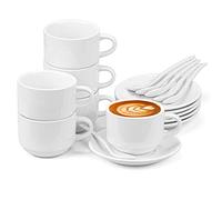 Hedume 6 Pack 5 OZ/150ml Espresso Cups with Saucers and Spoons, Stackable Espresso Coffee Cup Set for Specialty Coffee Drinks, Latte, Cafe Mocha and Tea