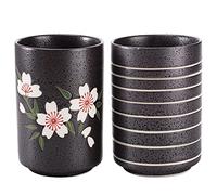 Hedume Set of 2 Japanese Tea Cups, 10oz Ceramic Mug with Cherry Blossoms and Line Design for Green Tea, Matcha, Bancha