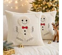HEEKPEK Christmas Cushion Covers Set of 2 Beige Gingerbread 45x45cm | Soft Plush Short Wool Velvet, 3D Embroidered Festive Design, Decorative Covers For Sofa, Bed, Living Room And Xmas Home Decor