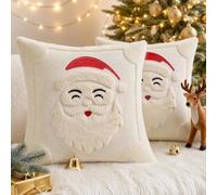 HEEKPEK Christmas Cushion Covers Set of 2 Beige Santa Claus 45x45cm | Soft Plush Short Wool Velvet, 3D Embroidered Festive Design, Decorative Covers For Sofa, Bed, Living Room And Xmas Home Decor
