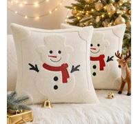 HEEKPEK Christmas Cushion Covers Set of 2 Beige Snowman 45x45cm | Soft Plush Short Wool Velvet, 3D Embroidered Festive Design, Decorative Covers For Sofa, Bed, Living Room And Xmas Home Decor