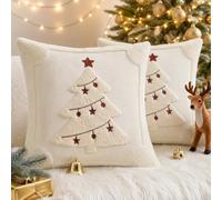 HEEKPEK Christmas Cushion Covers Set of 2 Beige String Light Tree 45x45cm | Soft Plush Short Wool Velvet, 3D Embroidered Festive Design, Decorative Covers For Sofa, Bed, Living Room And Xmas Home Decor