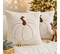 HEEKPEK Hallowen Cushion Covers Set of 2 Beige Pumpkin 45x45cm | Soft Plush Short Wool Velvet, 3D Embroidered Festive Design, Decorative Covers For Sofa, Bed, Living Room And Xmas Home Decor