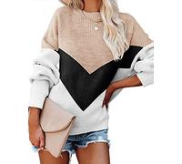 heekpek Jumpers for Women Casual Color Block Long Sleeve Tops Crewneck Sweater Knitted Jumper Loose Pullover Sweater Ladies Pullover Jumper Oversized, Beige, Size XL